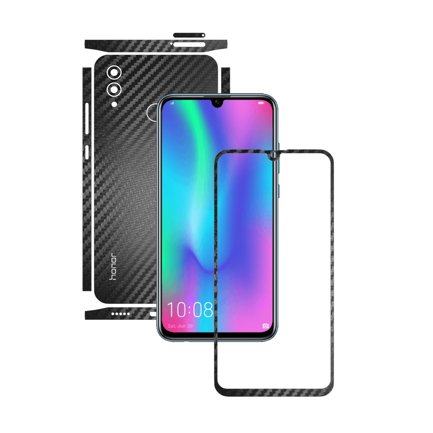 Folie Protectie Carbon Skinz pentru Huawei Honor 10 Lite - Carbon Negru Split Cut, Skin Adeziv Full Body Cover pentru Rama Ecran, Carcasa Spate si Laterale