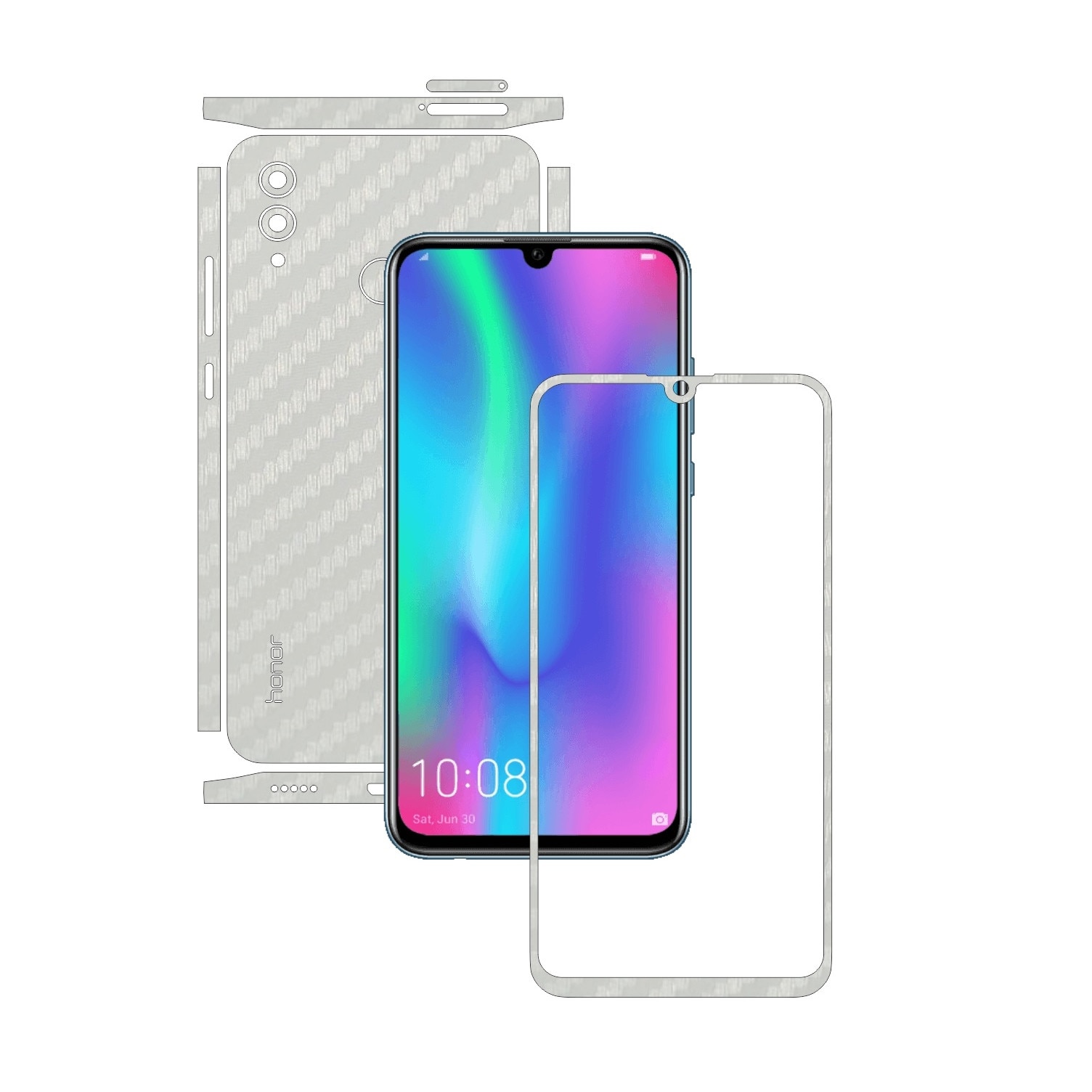 Folie Protectie Carbon Skinz pentru Huawei Honor 10 Lite - Carbon Alb Split Cut, Skin Adeziv Full Body Cover pentru Rama Ecran, Carcasa Spate si Laterale