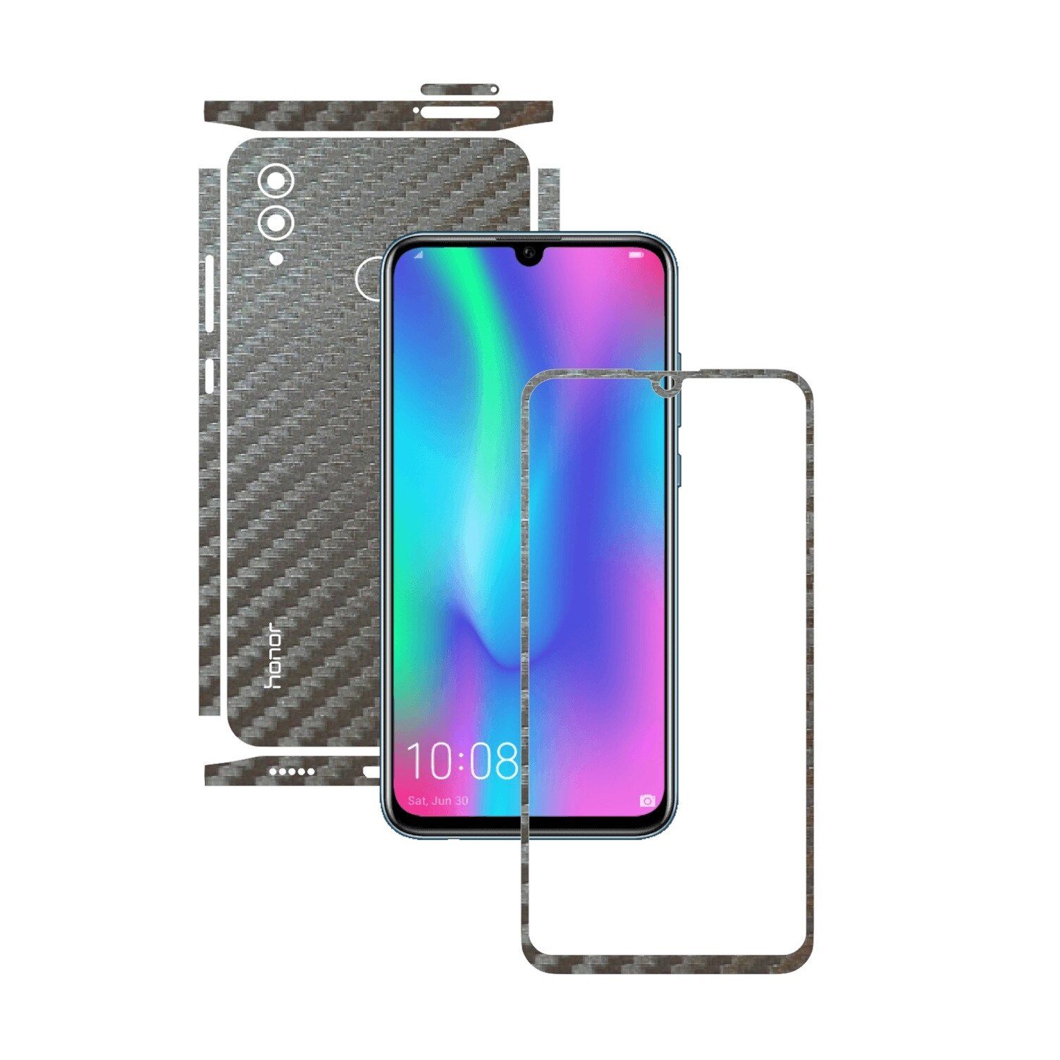 Folie Protectie Carbon Skinz pentru Huawei Honor 10 Lite - Carbon Gri Argintiu Split Cut, Skin Adeziv Full Body Cover pentru Rama Ecran, Carcasa Spate si Laterale