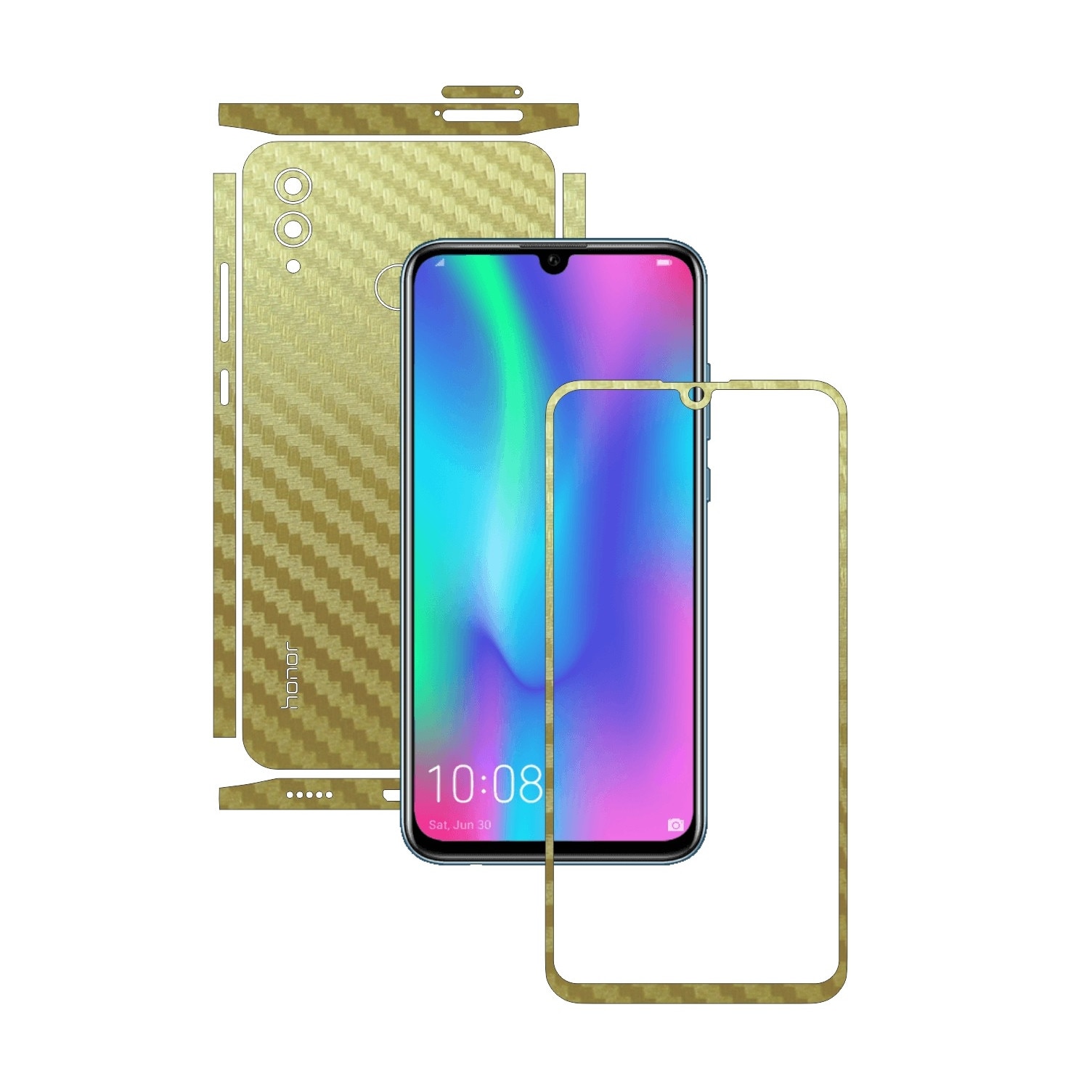 Folie Protectie Carbon Skinz pentru Huawei Honor 10 Lite - Carbon Auriu Split Cut, Skin Adeziv Full Body Cover pentru Rama Ecran, Carcasa Spate si Laterale