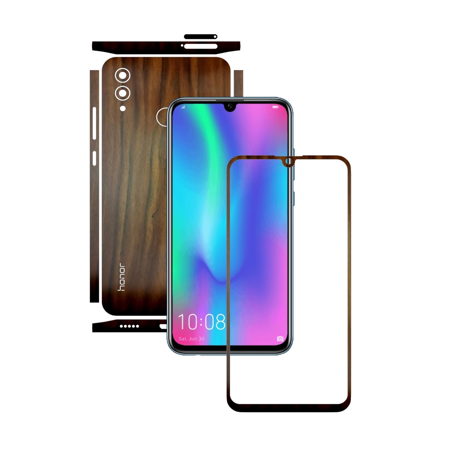 Folie Protectie Carbon Skinz pentru Huawei Honor 10 Lite - Lemn Nuc Split Cut, Skin Adeziv Full Body Cover pentru Rama Ecran, Carcasa Spate si Laterale