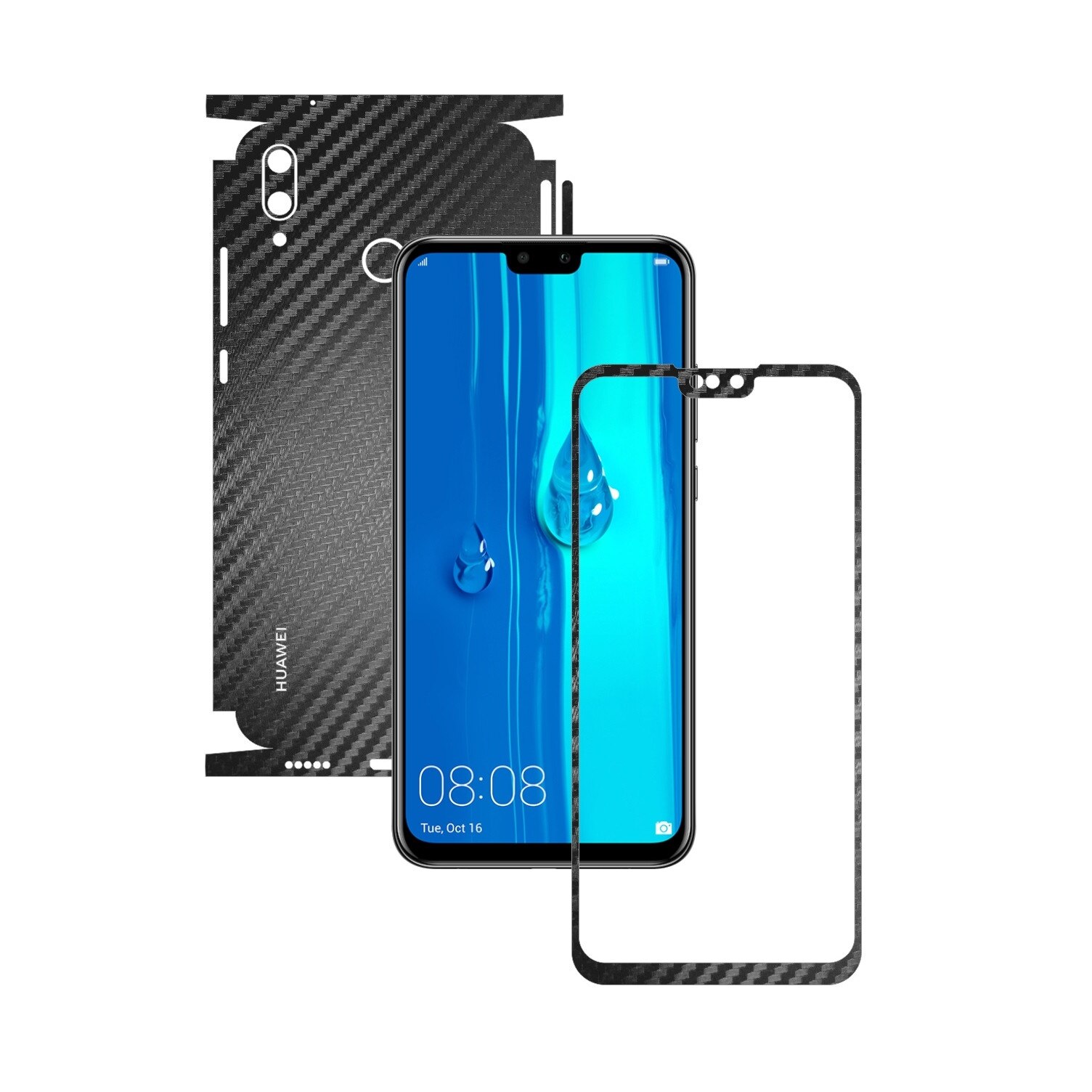 Folie Protectie Carbon Skinz pentru Huawei Y9 (2019) - Carbon Negru 360 Cut, Skin Adeziv Full Body Cover pentru Rama Ecran, Carcasa Spate si Laterale