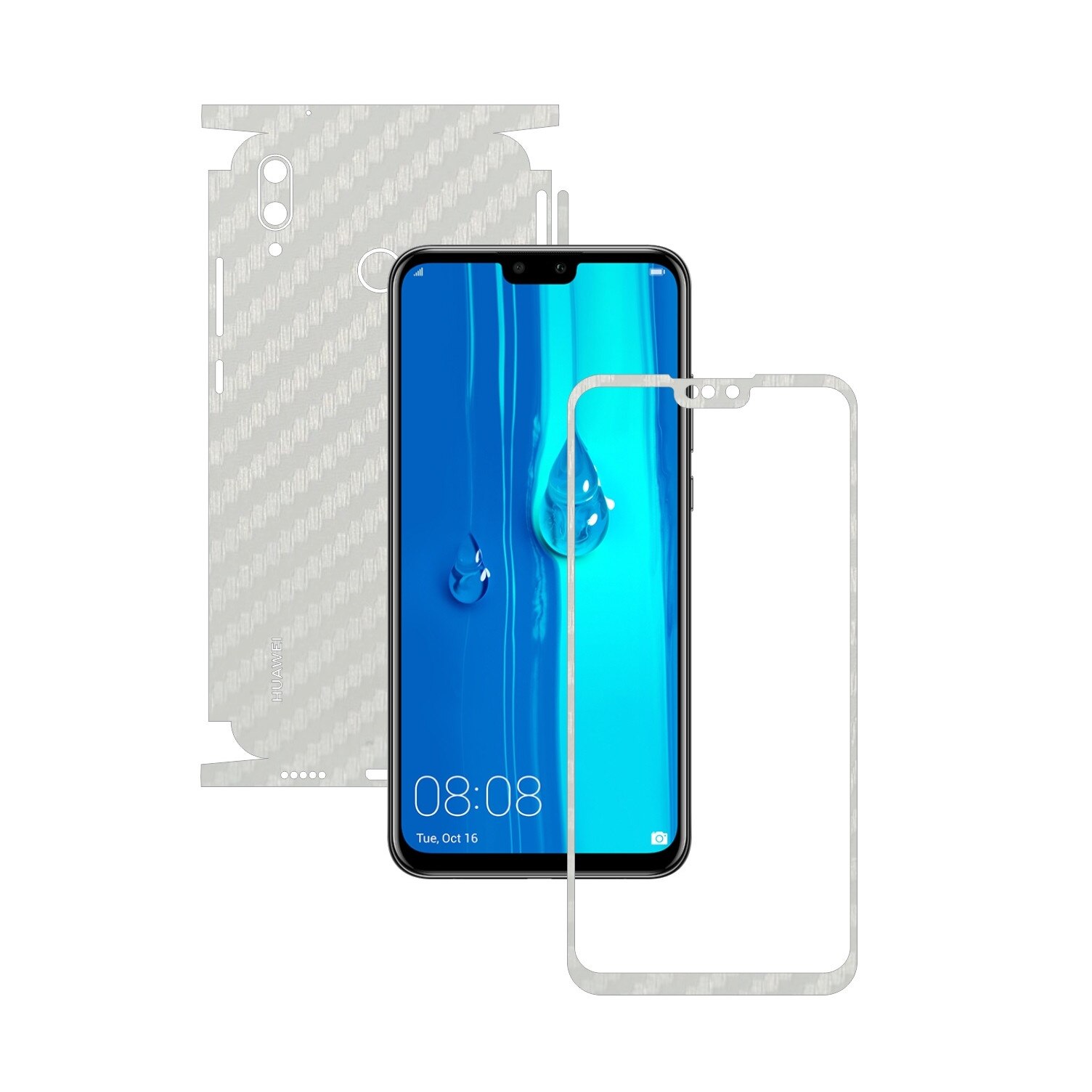 Folie Protectie Carbon Skinz pentru Huawei Y9 (2019) - Carbon Alb 360 Cut, Skin Adeziv Full Body Cover pentru Rama Ecran, Carcasa Spate si Laterale