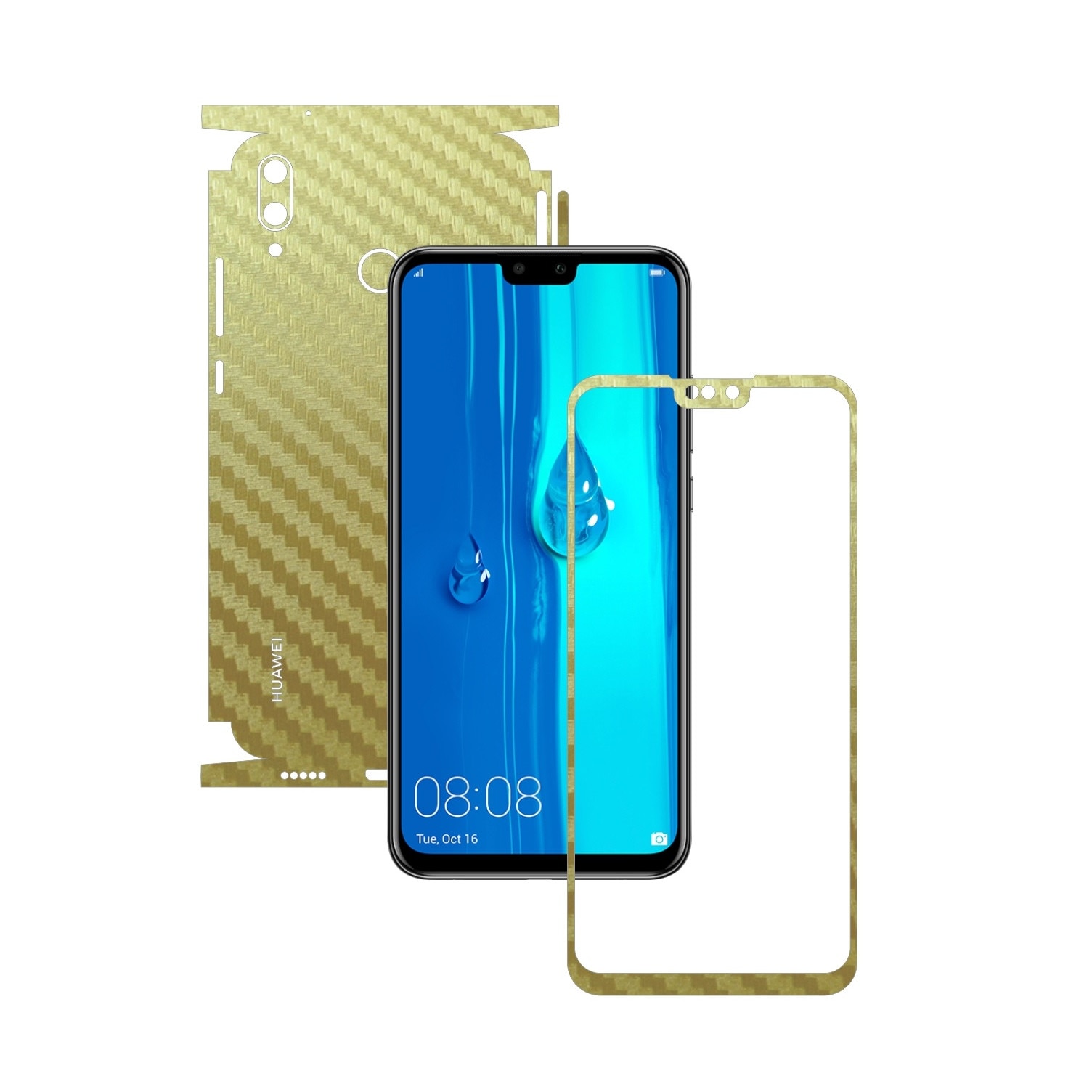 Folie Protectie Carbon Skinz pentru Huawei Y9 (2019) - Carbon Auriu 360 Cut, Skin Adeziv Full Body Cover pentru Rama Ecran, Carcasa Spate si Laterale