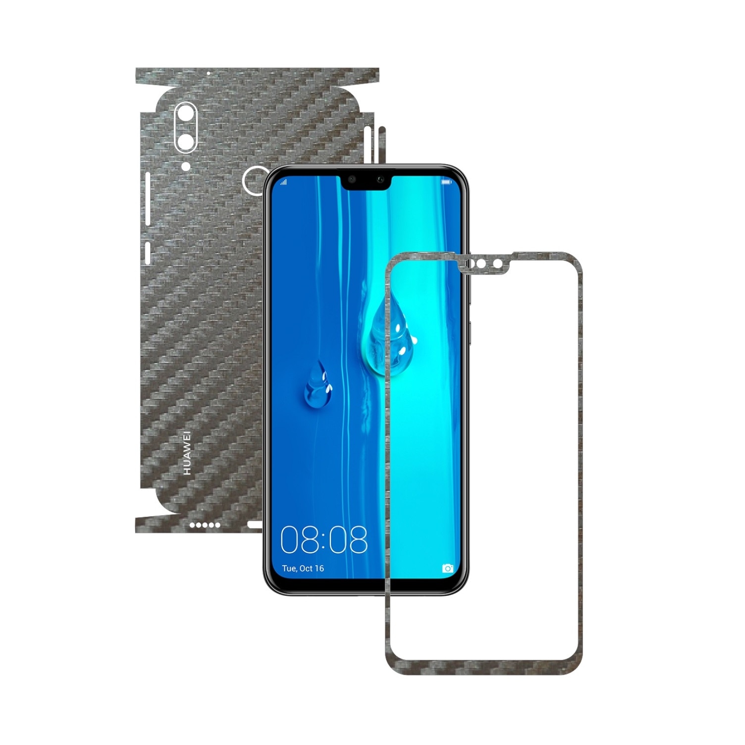 Folie Protectie Carbon Skinz pentru Huawei Y9 (2019) - Carbon Gri Argintiu 360 Cut, Skin Adeziv Full Body Cover pentru Rama Ecran, Carcasa Spate si Laterale
