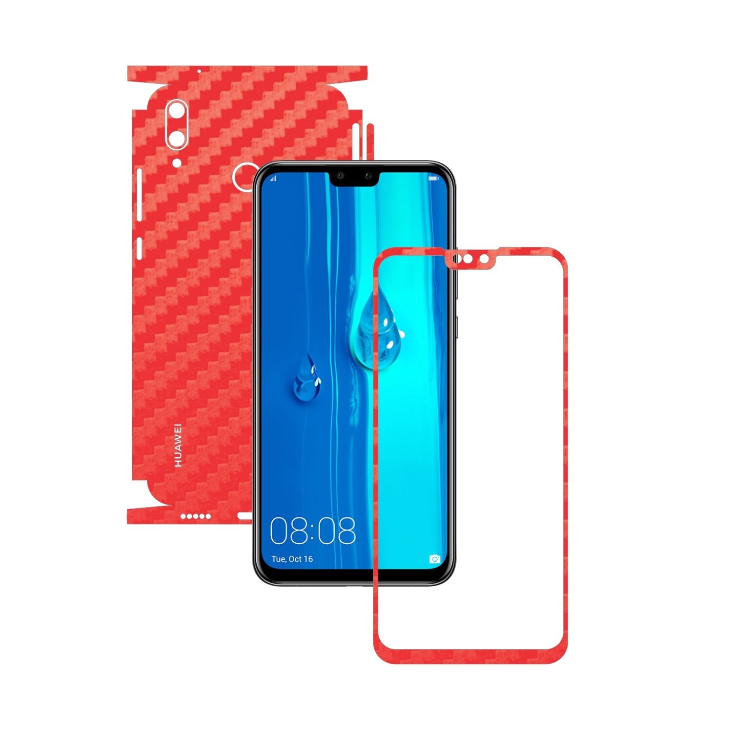 Folie Protectie Carbon Skinz pentru Huawei Y9 (2019) - Carbon Rosu 360 Cut, Skin Adeziv Full Body Cover pentru Rama Ecran, Carcasa Spate si Laterale