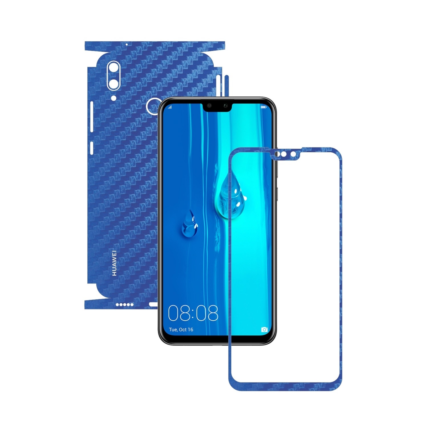 Folie Protectie Carbon Skinz pentru Huawei Y9 (2019) - Carbon Albastru 360 Cut, Skin Adeziv Full Body Cover pentru Rama Ecran, Carcasa Spate si Laterale