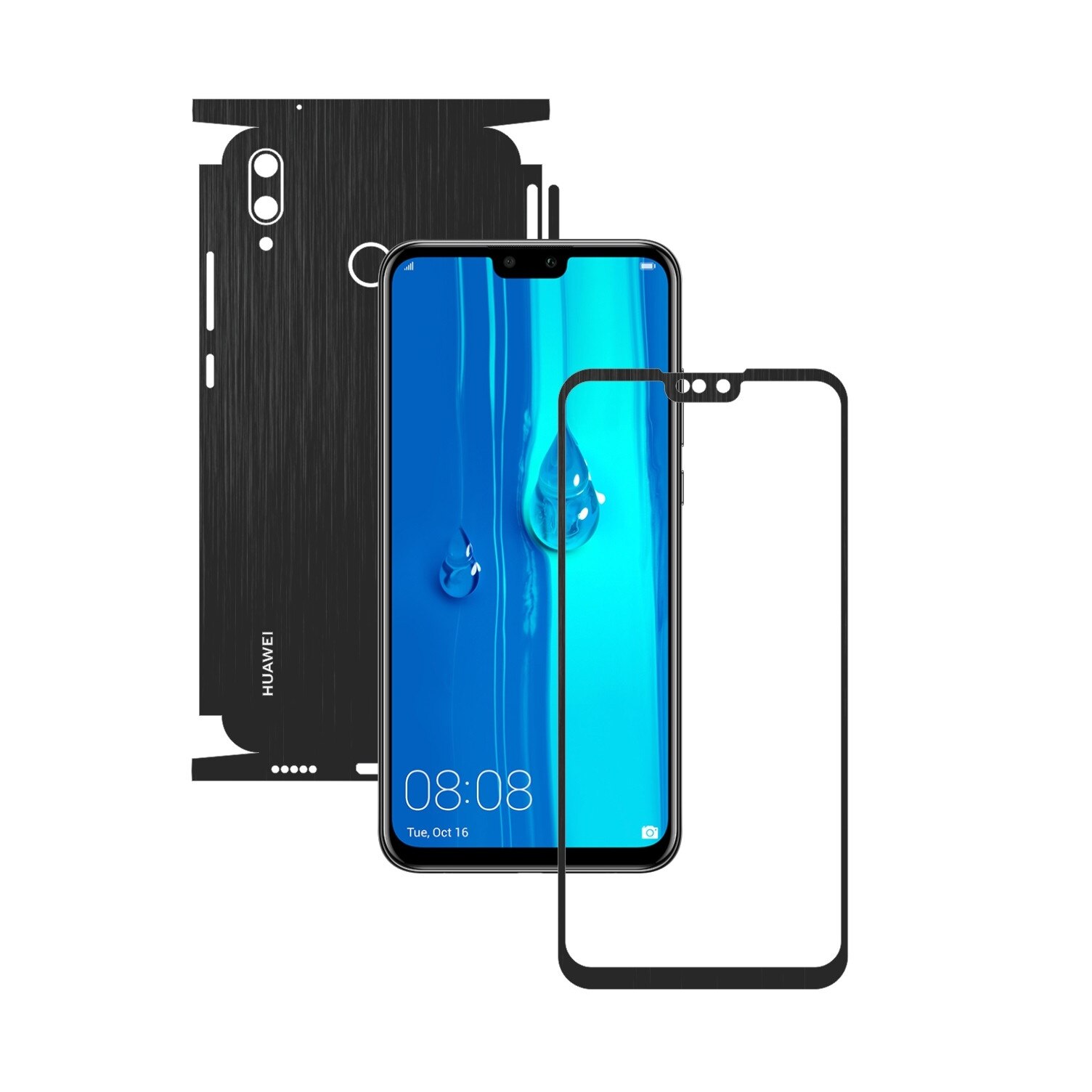 Folie Protectie Carbon Skinz pentru Huawei Y9 (2019) - Brushed Negru 360 Cut, Skin Adeziv Full Body Cover pentru Rama Ecran, Carcasa Spate si Laterale