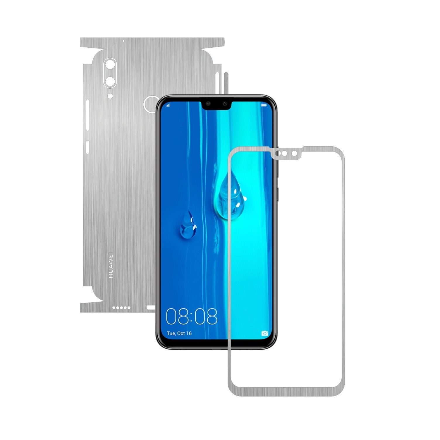 Folie Protectie Carbon Skinz pentru Huawei Y9 (2019) - Brushed Argintiu 360 Cut, Skin Adeziv Full Body Cover pentru Rama Ecran, Carcasa Spate si Laterale