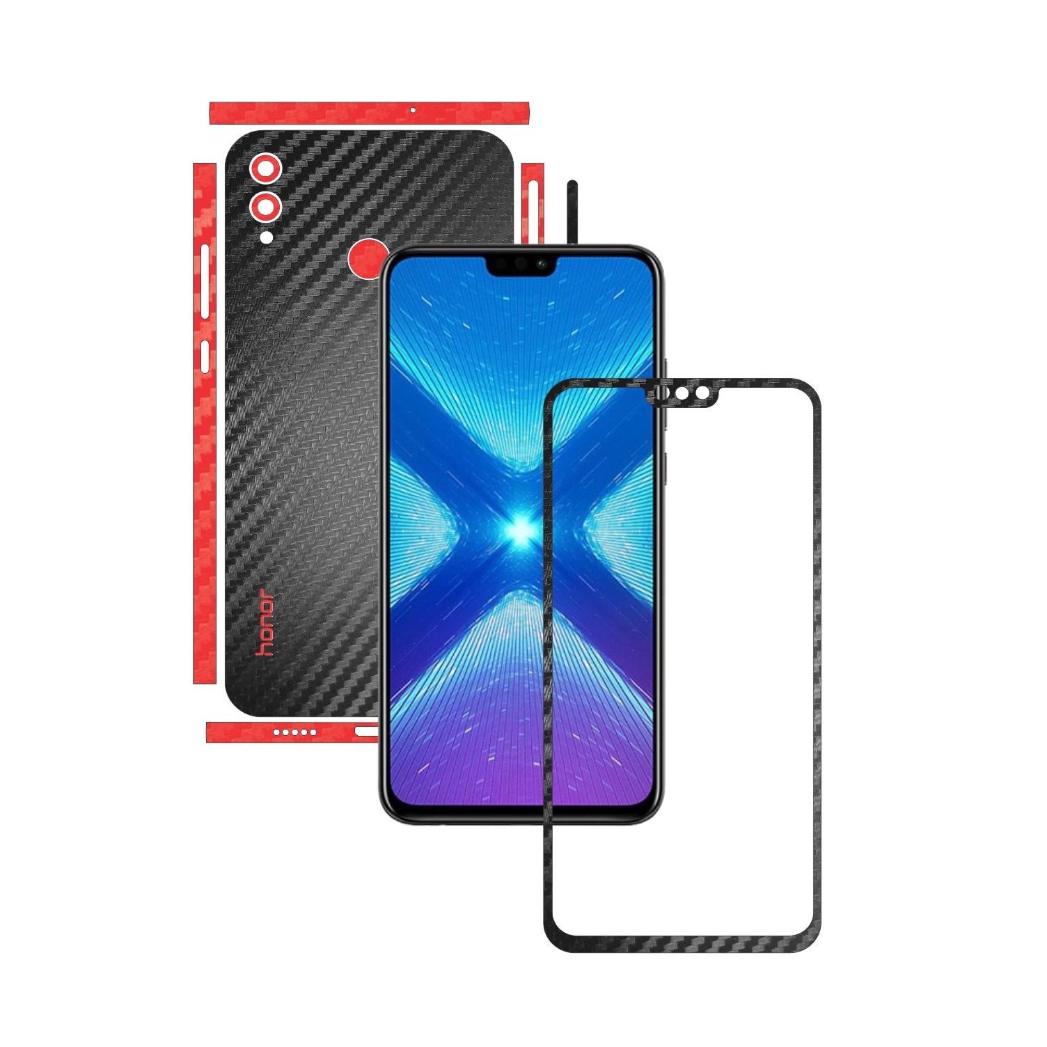 Folie Protectie Carbon Skinz pentru Huawei Honor 8X - Carbon Two Tone Negru / Rosu, Skin Adeziv Full Body Cover pentru Rama Ecran, Carcasa Spate si Laterale