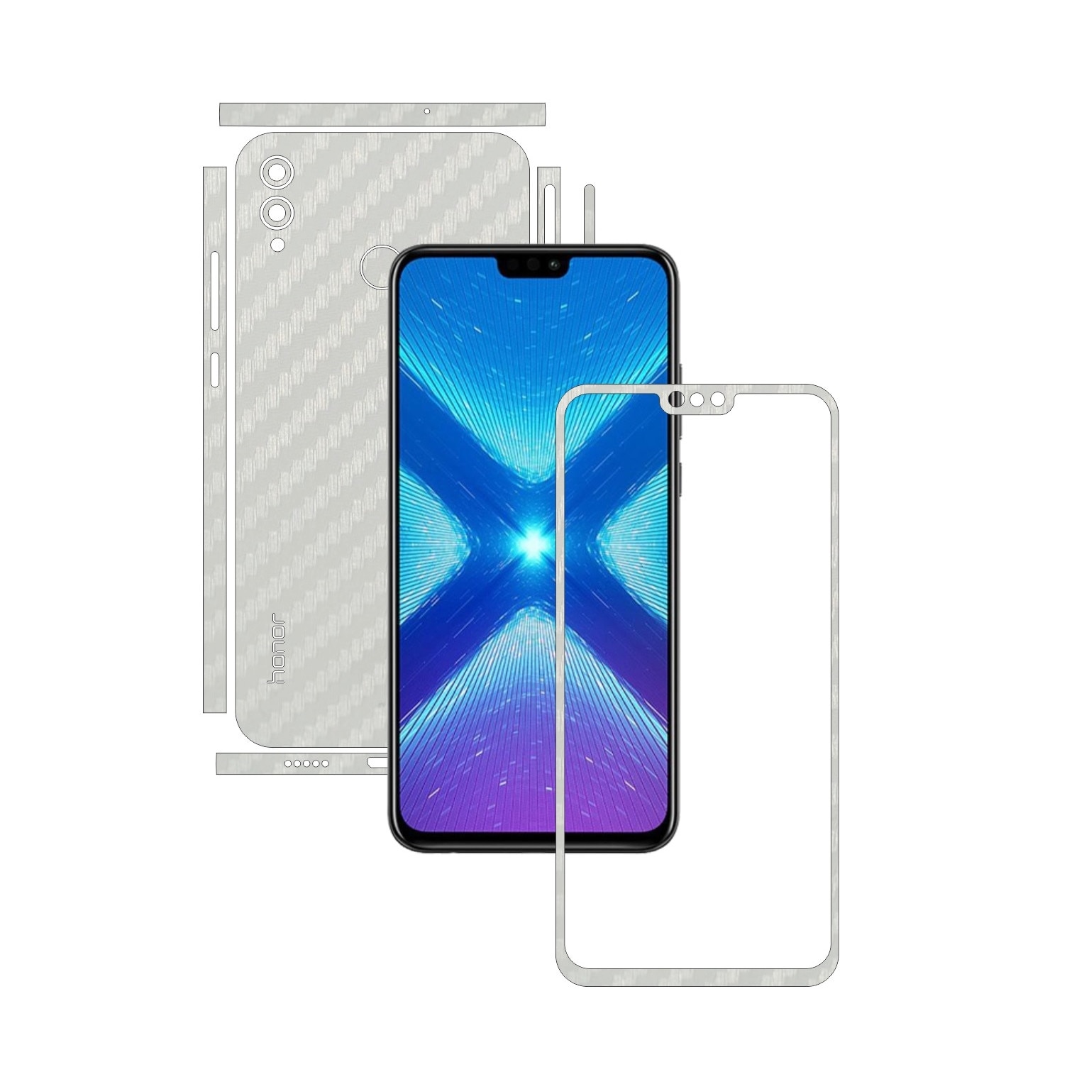Folie Protectie Carbon Skinz pentru Huawei Honor 8X - Carbon Alb Split Cut, Skin Adeziv Full Body Cover pentru Rama Ecran, Carcasa Spate si Laterale