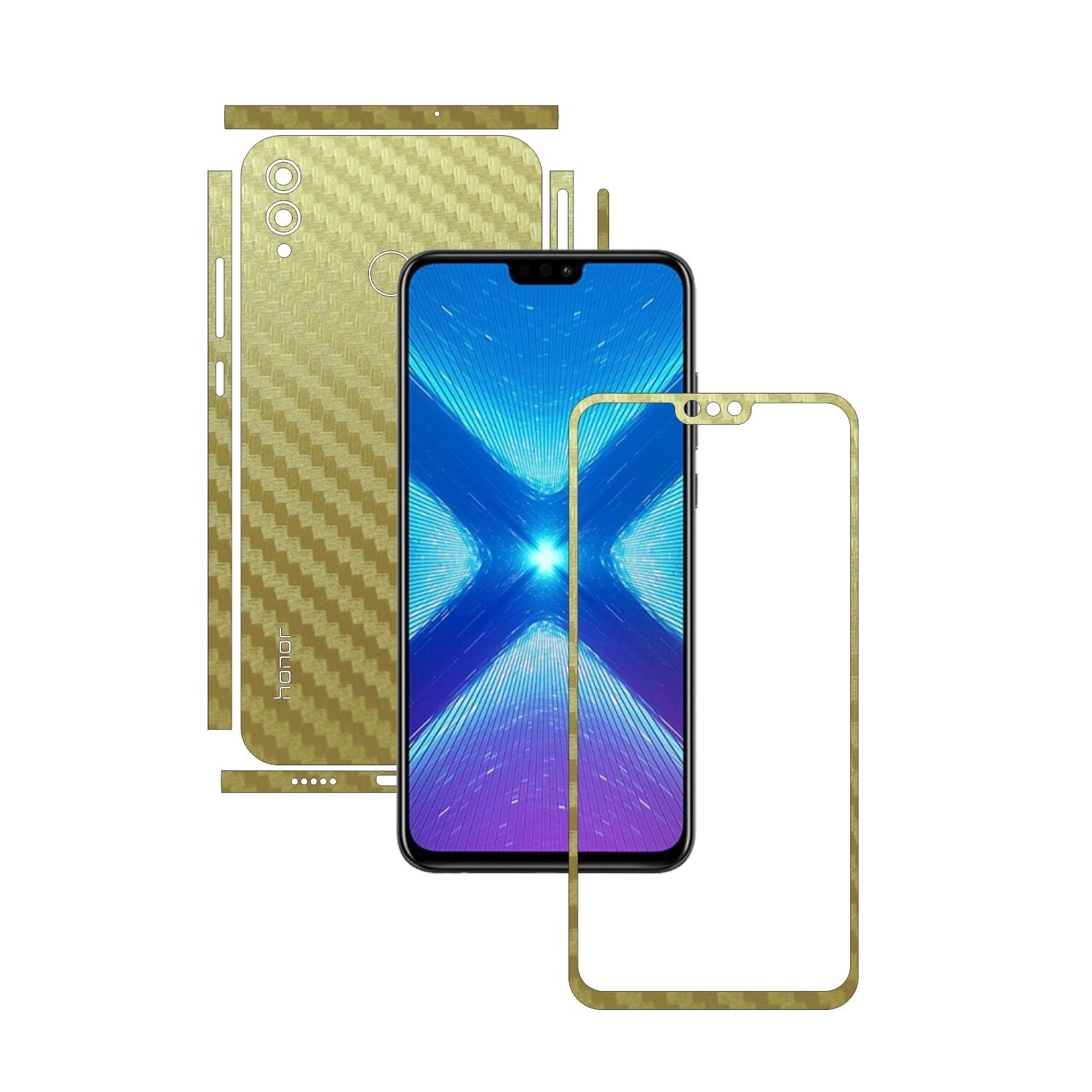 Folie Protectie Carbon Skinz pentru Huawei Honor View 10 Lite - Carbon Auriu Split Cut, Skin Adeziv Full Body Cover pentru Rama Ecran, Carcasa Spate si Laterale