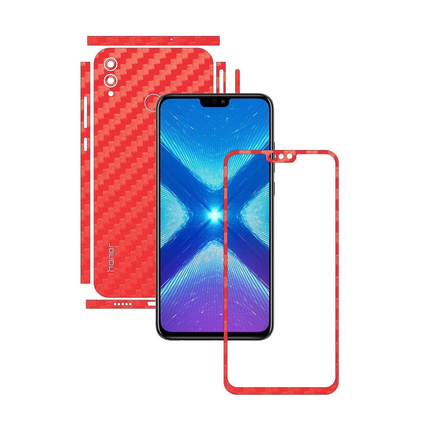 Folie Protectie Carbon Skinz pentru Huawei Honor 8X - Carbon Rosu Split Cut, Skin Adeziv Full Body Cover pentru Rama Ecran, Carcasa Spate si Laterale
