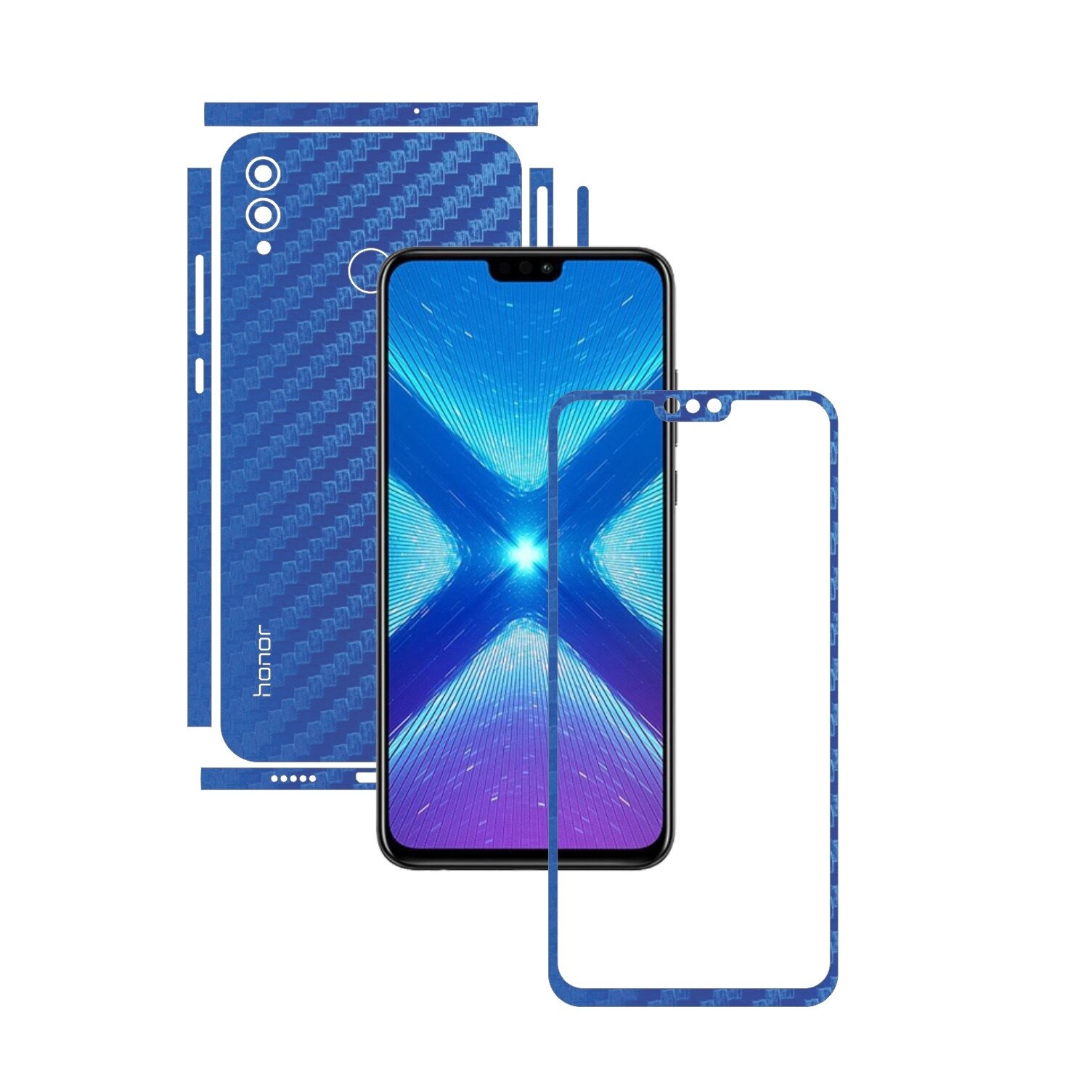 Folie Protectie Carbon Skinz pentru Huawei Honor View 10 Lite - Carbon Albastru Split Cut, Skin Adeziv Full Body Cover pentru Rama Ecran, Carcasa Spate si Laterale