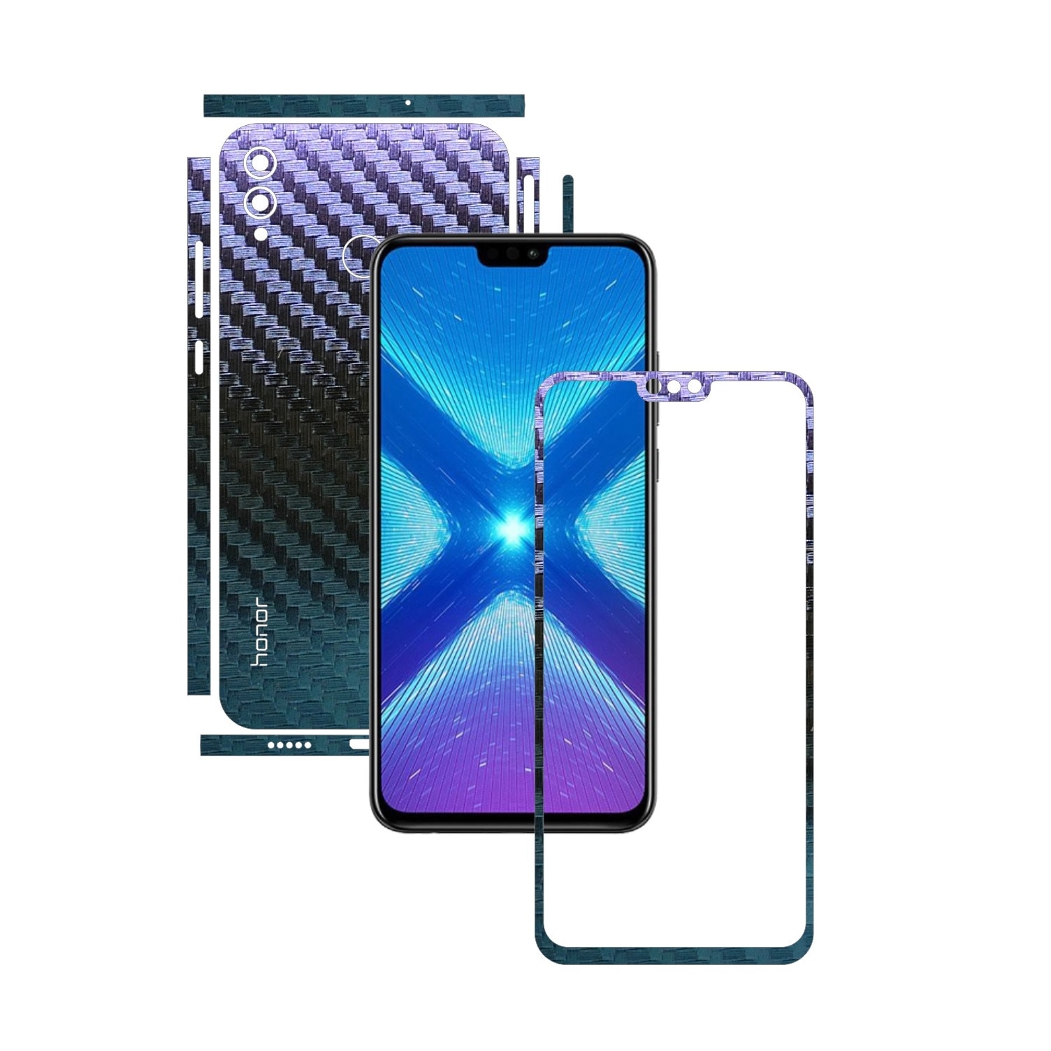 Folie Protectie Carbon Skinz pentru Huawei Honor 8X - Carbon Cameleon Split Cut, Skin Adeziv Full Body Cover pentru Rama Ecran, Carcasa Spate si Laterale