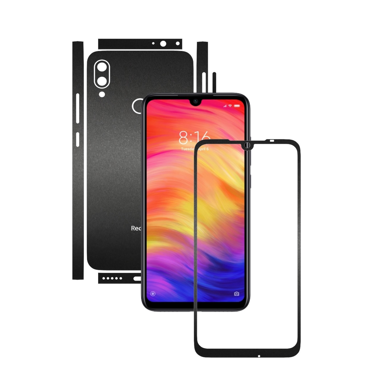 Folie Protectie Carbon Skinz pentru Xiaomi Redmi Note 7 (7S) - Negru Mat Split Cut, Skin Adeziv Full Body Cover pentru Rama Ecran, Carcasa Spate si Laterale