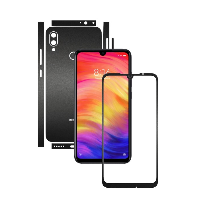 Folie Protectie Carbon Skinz pentru Xiaomi Redmi Note 7 Pro - Negru Mat Split Cut, Skin Adeziv Full Body Cover pentru Rama Ecran, Carcasa Spate si Laterale