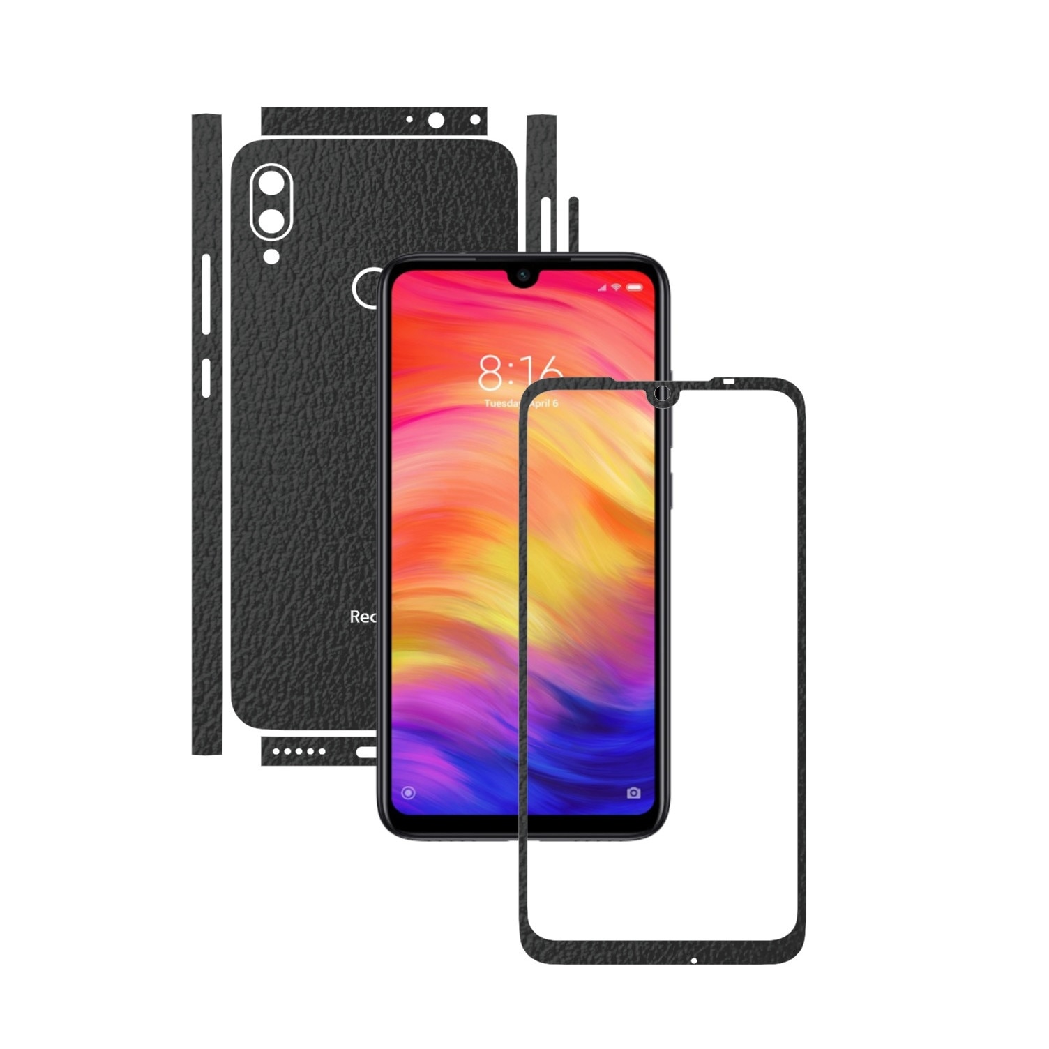 Folie Protectie Carbon Skinz pentru Xiaomi Redmi Note 7 (7S) - Piele Neagra Split Cut, Skin Adeziv Full Body Cover pentru Rama Ecran, Carcasa Spate si Laterale