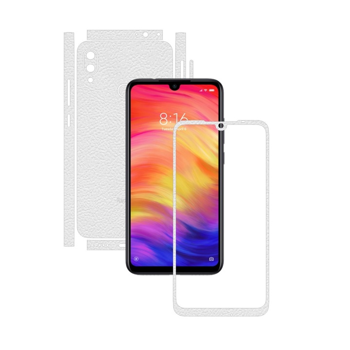 Folie Protectie Carbon Skinz pentru Xiaomi Redmi Note 7 Pro - Piele Alba Split Cut, Skin Adeziv Full Body Cover pentru Rama Ecran, Carcasa Spate si Laterale