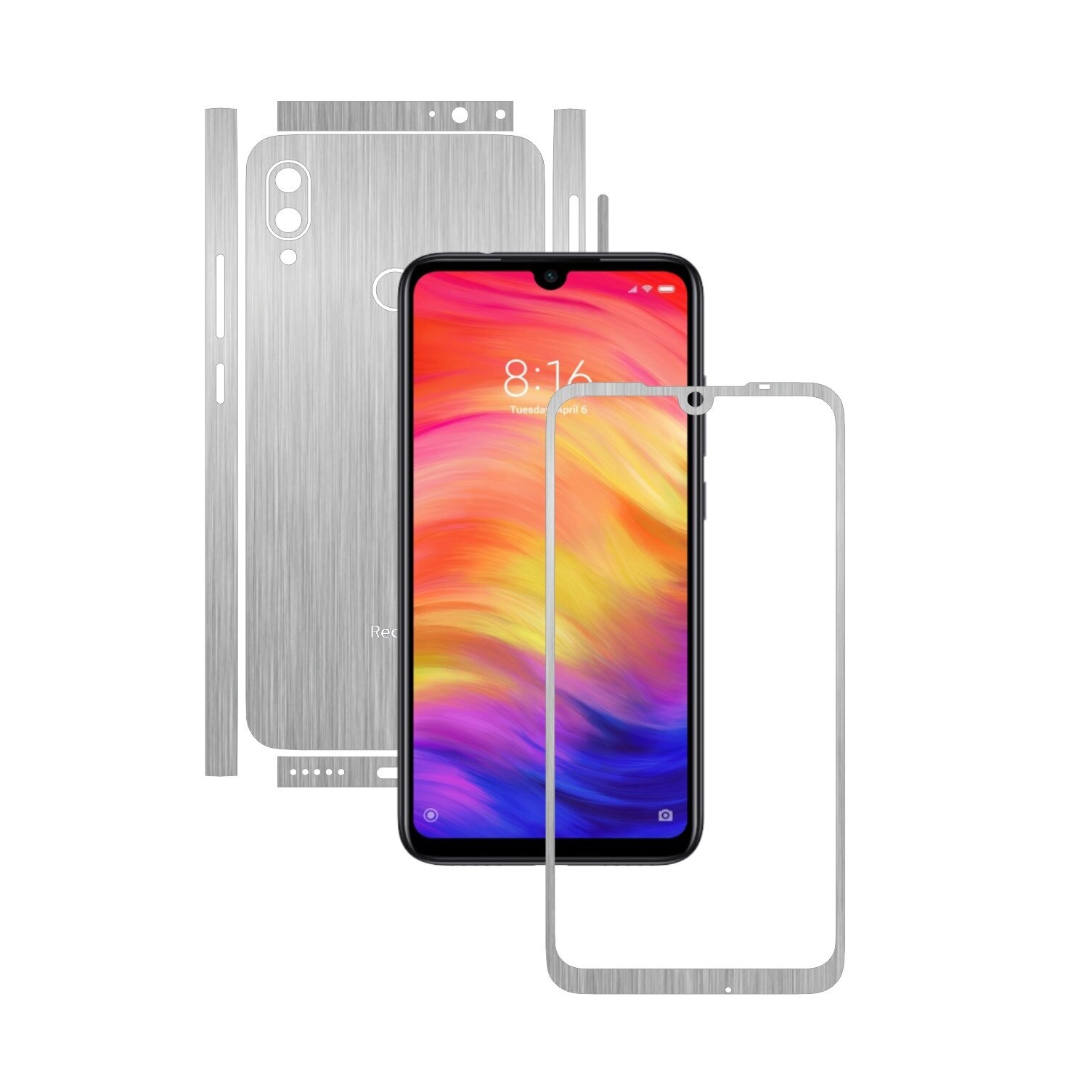 Folie Protectie Carbon Skinz pentru Xiaomi Redmi Note 7 (7S) - Brushed Argintiu Split Cut, Skin Adeziv Full Body Cover pentru Rama Ecran, Carcasa Spate si Laterale
