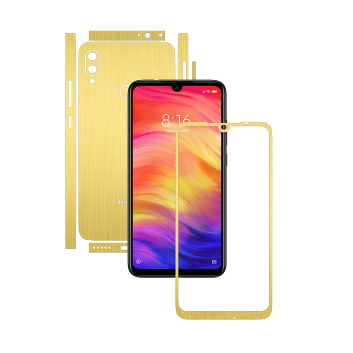 Folie Protectie Carbon Skinz pentru Xiaomi Redmi Note 7 (7S) - Brushed Auriu Split Cut, Skin Adeziv Full Body Cover pentru Rama Ecran, Carcasa Spate si Laterale