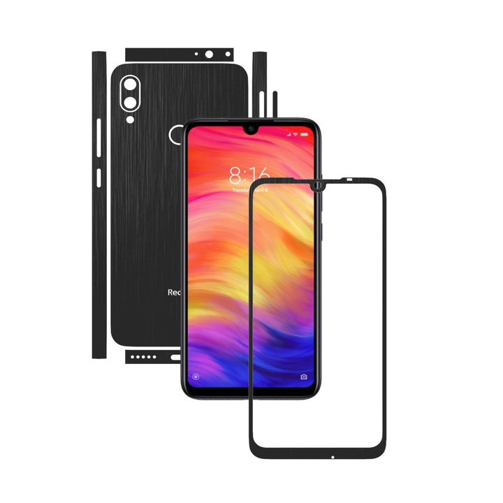 Folie Protectie Carbon Skinz pentru Xiaomi Redmi Note 7 Pro - Brushed Negru Split Cut, Skin Adeziv Full Body Cover pentru Rama Ecran, Carcasa Spate si Laterale