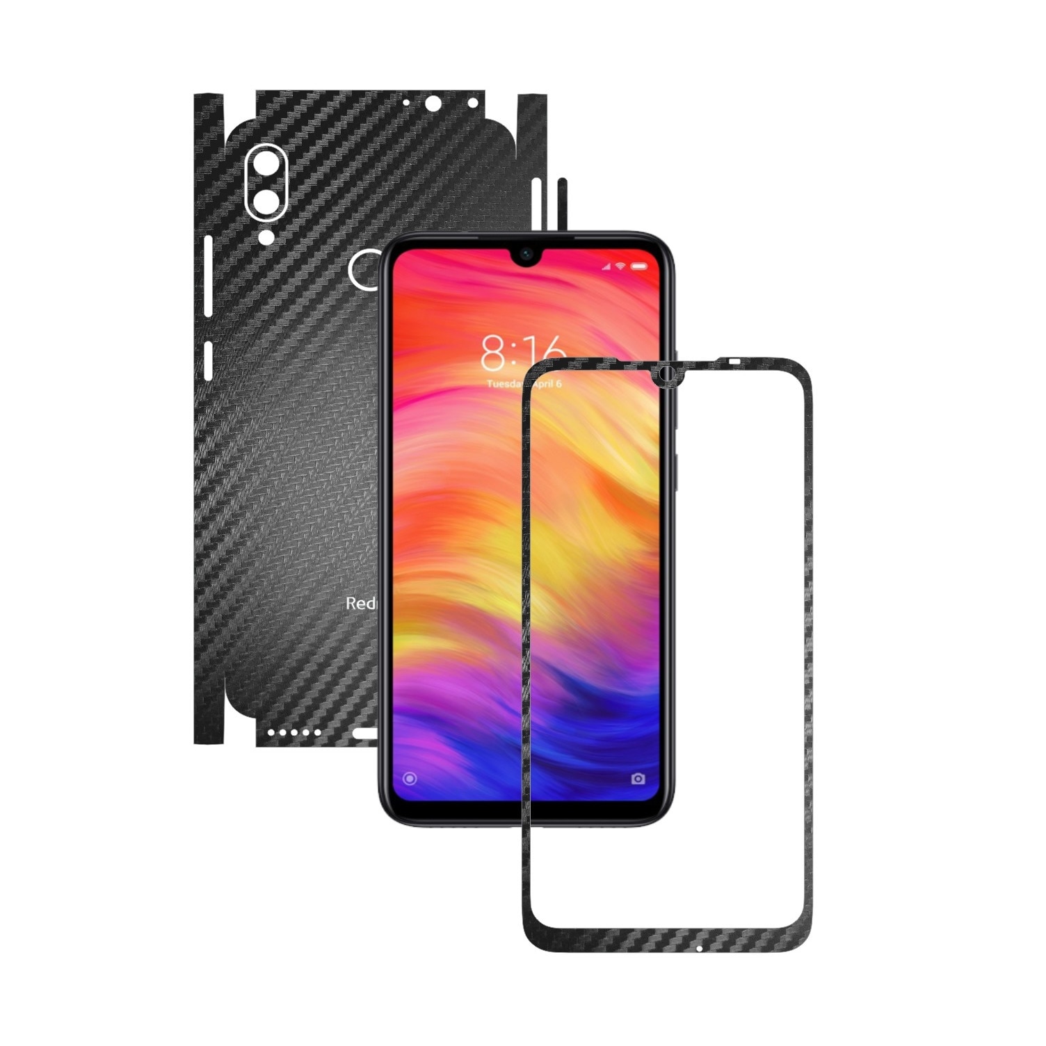 Folie Protectie Carbon Skinz pentru Xiaomi Redmi Note 7 (7S) - Carbon Negru 360 Cut, Skin Adeziv Full Body Cover pentru Rama Ecran, Carcasa Spate si Laterale