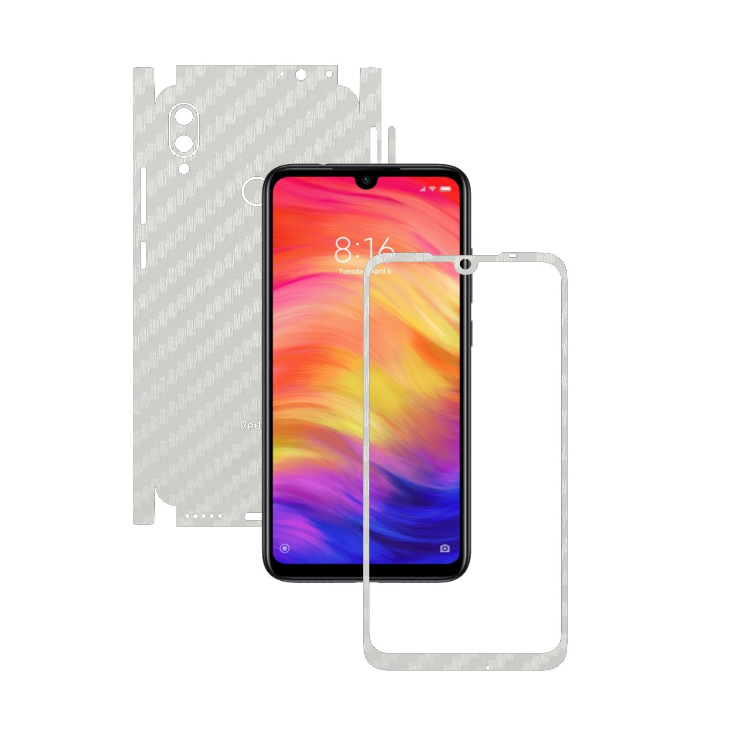 Folie Protectie Carbon Skinz pentru Xiaomi Redmi Note 7 (7S) - Carbon Alb 360 Cut, Skin Adeziv Full Body Cover pentru Rama Ecran, Carcasa Spate si Laterale