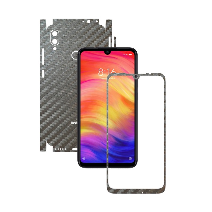 Folie Protectie Carbon Skinz pentru Xiaomi Redmi Note 7 (7S) - Carbon Gri Argintiu 360 Cut, Skin Adeziv Full Body Cover pentru Rama Ecran, Carcasa Spate si Laterale