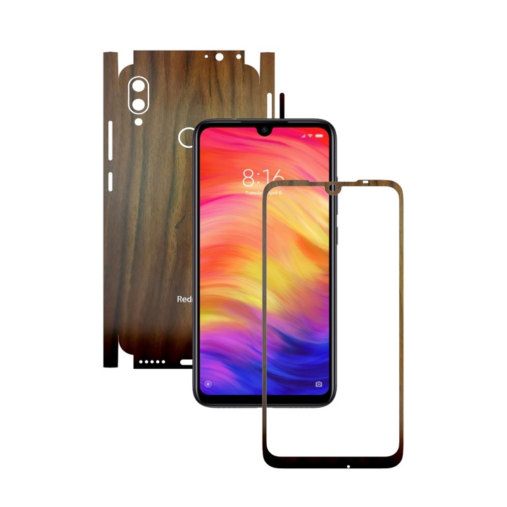 Folie Protectie Carbon Skinz pentru Xiaomi Redmi Note 7 (7S) - Lemn Nuc 360 Cut, Skin Adeziv Full Body Cover pentru Rama Ecran, Carcasa Spate si Laterale