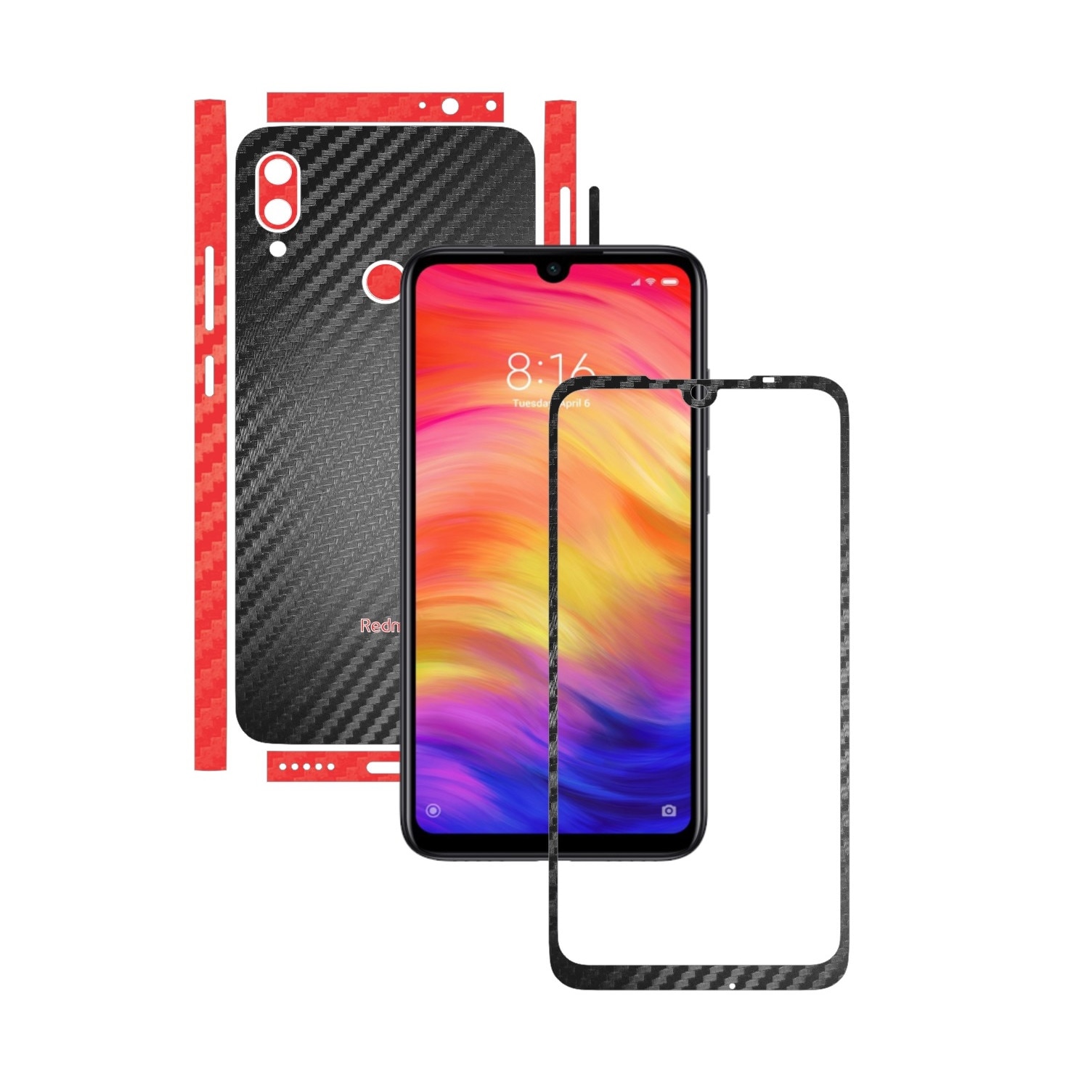 Folie Protectie Carbon Skinz pentru Xiaomi Redmi Note 7 (7S) - Carbon Two Tone Negru / Rosu, Skin Adeziv Full Body Cover pentru Rama Ecran, Carcasa Spate si Laterale
