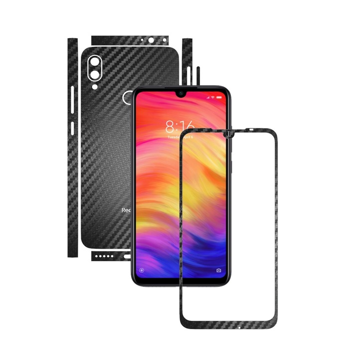 Folie Protectie Carbon Skinz pentru Xiaomi Redmi Note 7 Pro - Carbon Negru Split Cut, Skin Adeziv Full Body Cover pentru Rama Ecran, Carcasa Spate si Laterale