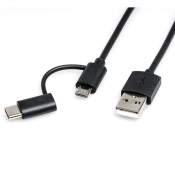 Cablu micro USB-B 2.0 + adaptor USB-C la USB-A T-T 1m Negru, Roline 11.02.8328 Cablu micro USB-B 2.0 + adaptor USB-C la USB-A T-T 1m Negru, Roline 11.02.8328