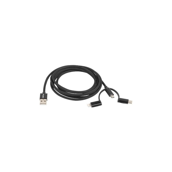 Lanberg, ,C Adatkábel , 3w1 USB / A (male) -> MICRO / B (dugó) + Lightning (male) + USB / C (male) 2.0, 1,8 m hosszú, Fekete