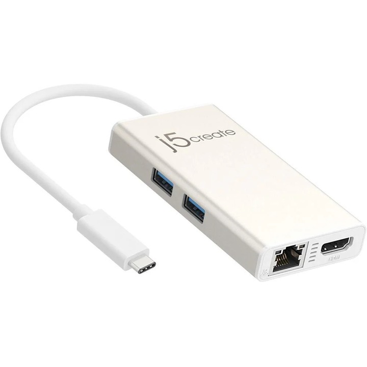 Adaptor Multiport USB-C j5create - HDMI/ Ethernet/ USB 3.0 HUB/PD 2.0m alb