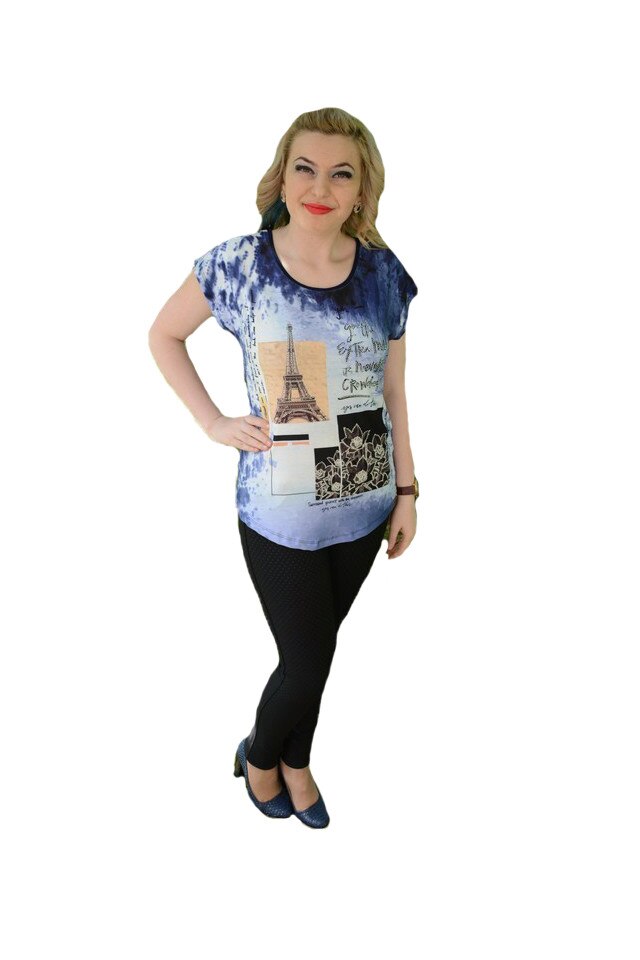 Tricou rafinat, cu imprimeu in tendinte,cu strasuri mici, D&J Exclussive, Albastru marin