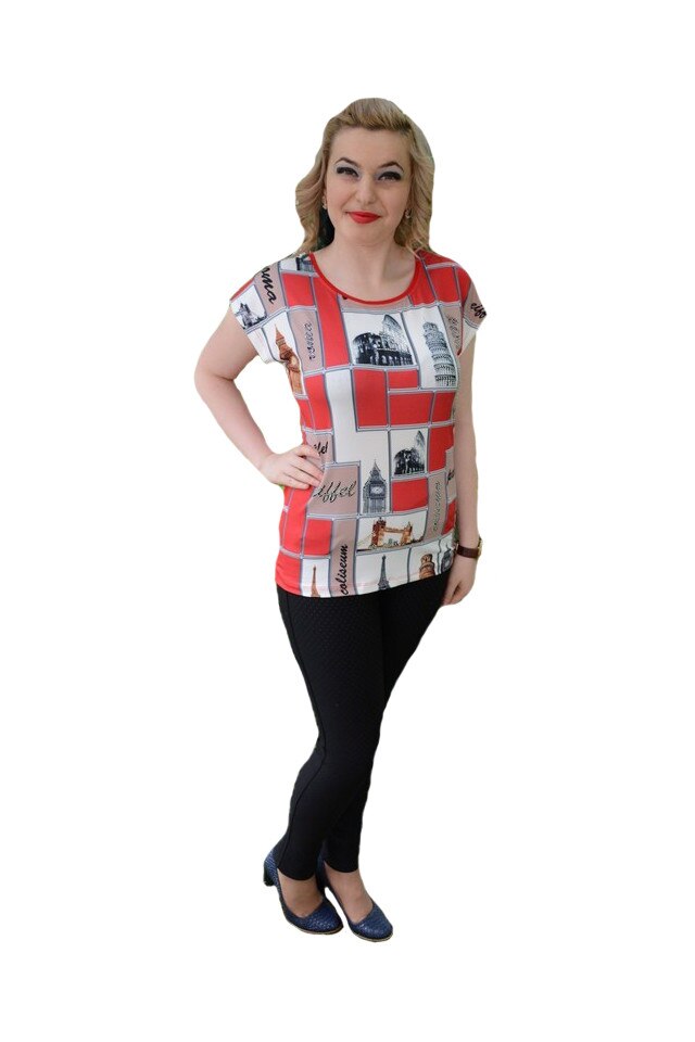 Bluza cu maneca scurta din material fin, cu strasuri chic,D&J Exclussive, Rosu