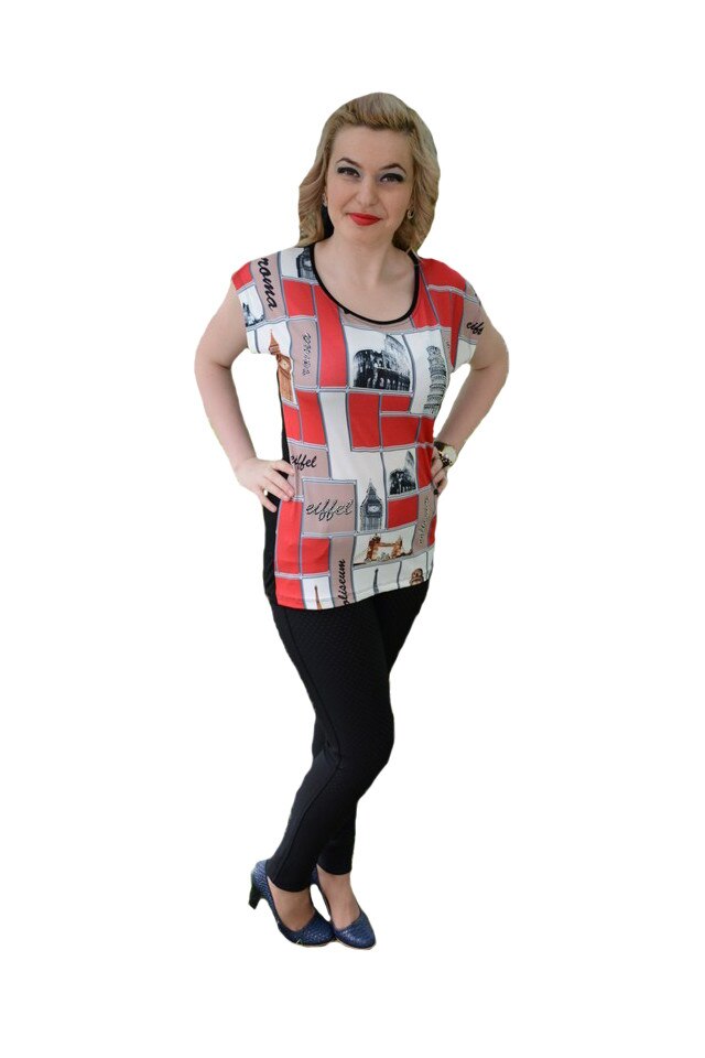 Tricou rafinat, imprimeuri pe fond rosu in fata,D&J Exclussive, Negru