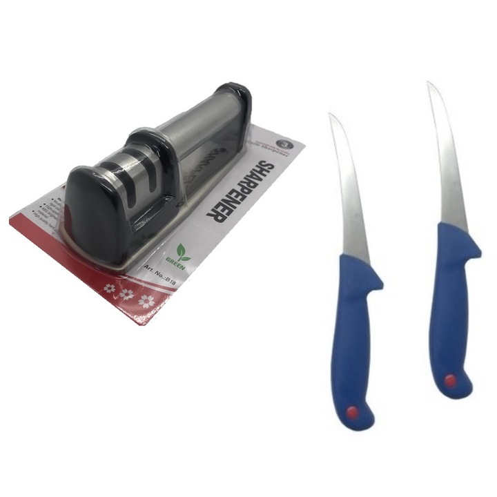 Pachet format din 2 cutite macelarie de dezosat BRT si aparat de ascutit cutite 2 nivele