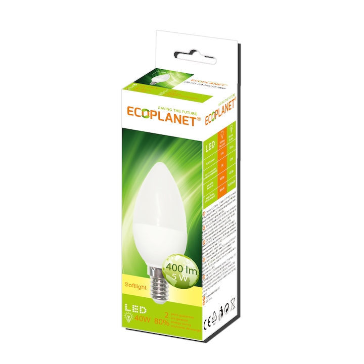 Ecoplanet C35 LED izzó, 230V, 5W, 3000K, E14