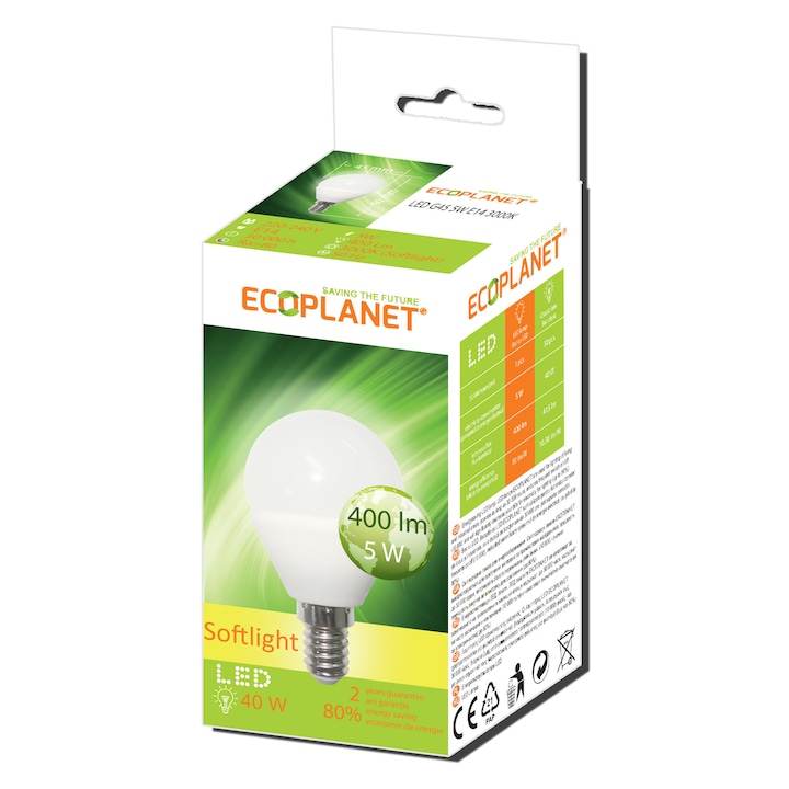 Ecoplanet G45 Gömb alakú LED izzó, 5W (40W), 220V, E14, 3000K, Meleg fény