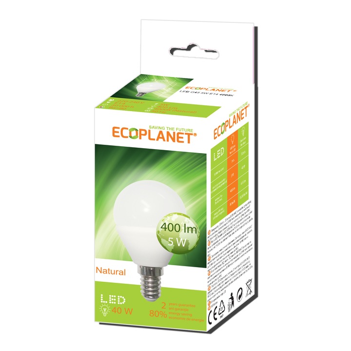 LED крушка Ecoplanet, ECO-0118, Глобус, G45 230V 5W, Неутрална светлина 4000K, E14