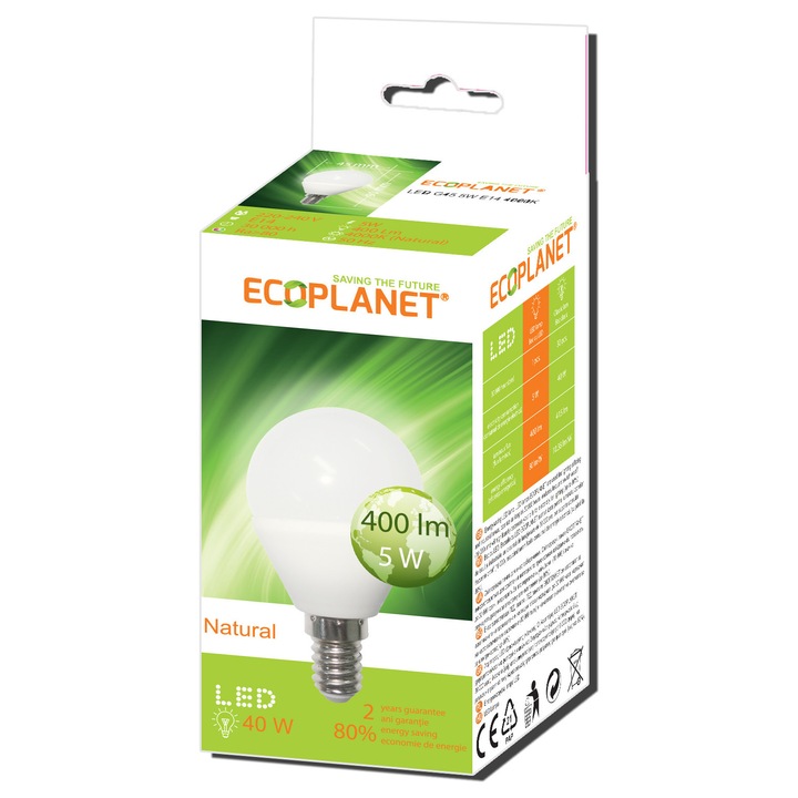 Bec Led, Ecoplanet, glob mic, G45 230V 5W, lumina neutra 4000K, E14