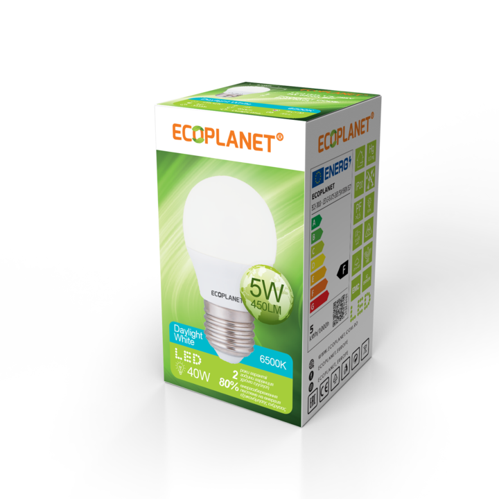 Bec LED Ecoplanet glob mic G45, E27, 5W (40W), 450 LM, F, lumina rece 6500K, Mat