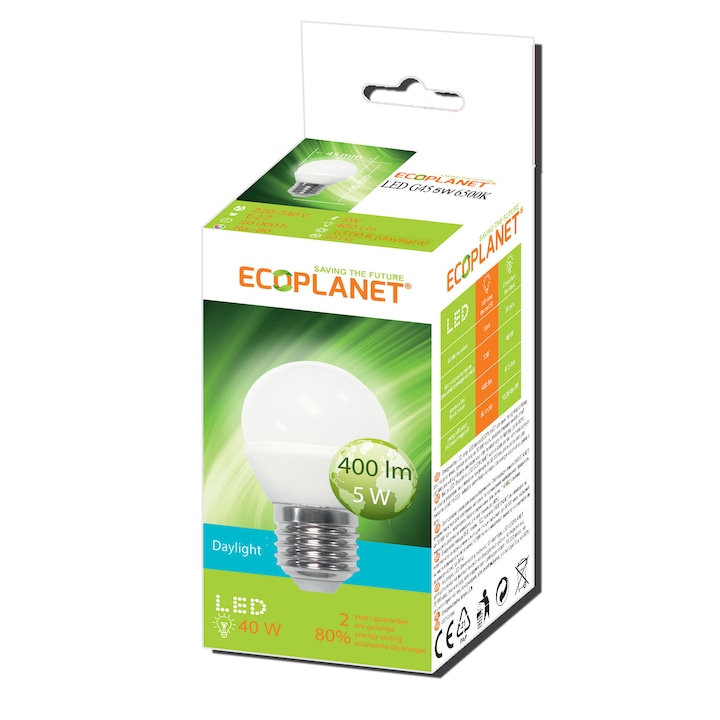 Ecoplanet LED izzó, kis gömb, G45, E27, 5W (40W), 400 LM, A +, hideg fény 6500K, matt