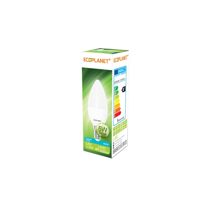 LED крушка Ecoplanet, ECO-0019, Свещ C35, E14, 5W (40W), 450LM, A+, Студена светлина, 6500K, Мат