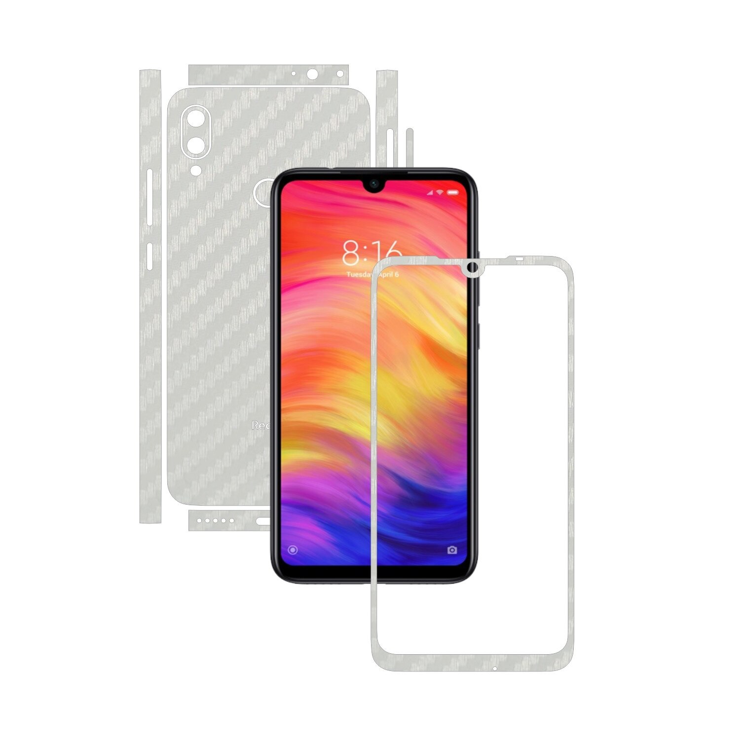 Folie Protectie Carbon Skinz pentru Xiaomi Redmi Note 7 (7S) - Carbon Alb Split Cut, Skin Adeziv Full Body Cover pentru Rama Ecran, Carcasa Spate si Laterale