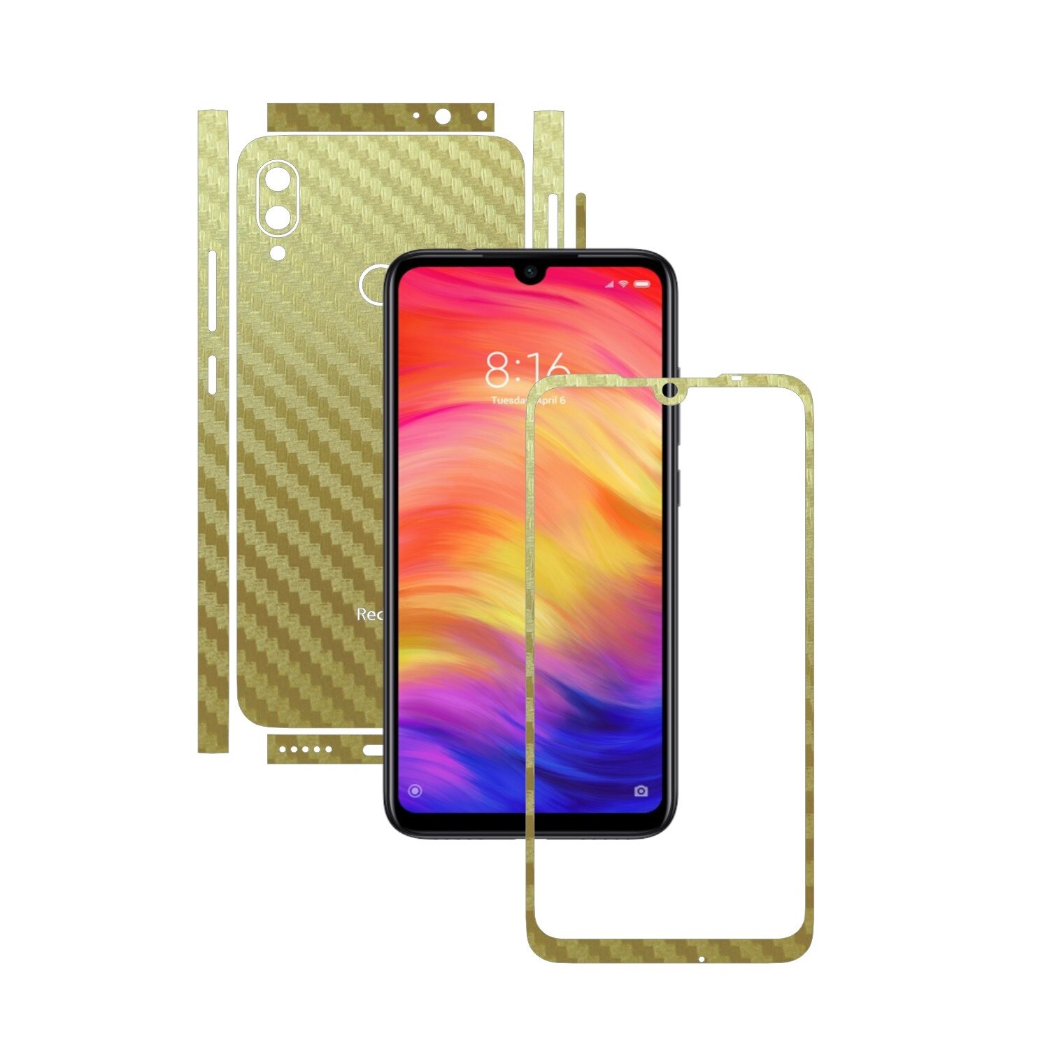 Folie Protectie Carbon Skinz pentru Xiaomi Redmi Note 7 (7S) - Carbon Auriu Split Cut, Skin Adeziv Full Body Cover pentru Rama Ecran, Carcasa Spate si Laterale