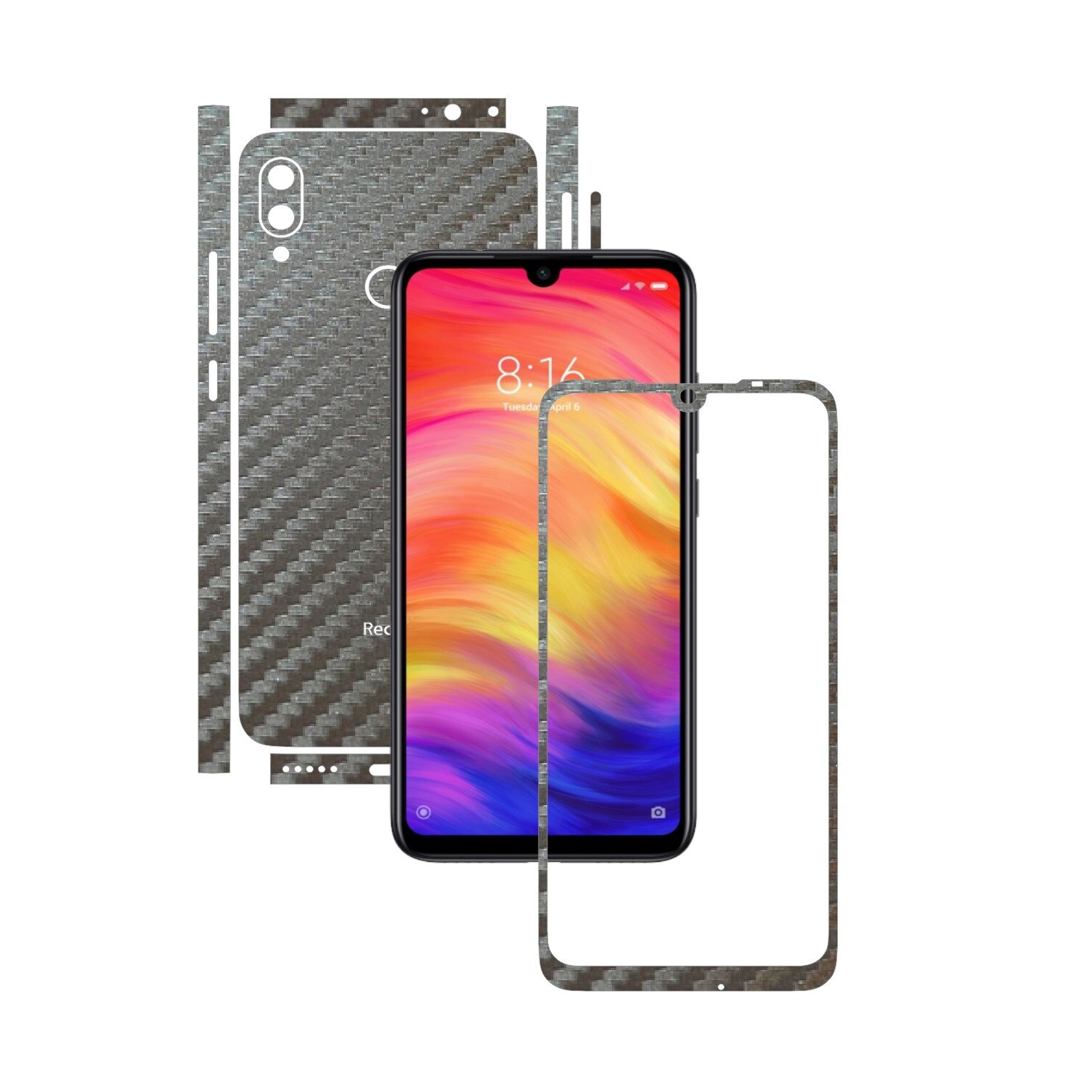 Folie Protectie Carbon Skinz pentru Xiaomi Redmi Note 7 (7S) - Carbon Gri Argintiu Split Cut, Skin Adeziv Full Body Cover pentru Rama Ecran, Carcasa Spate si Laterale
