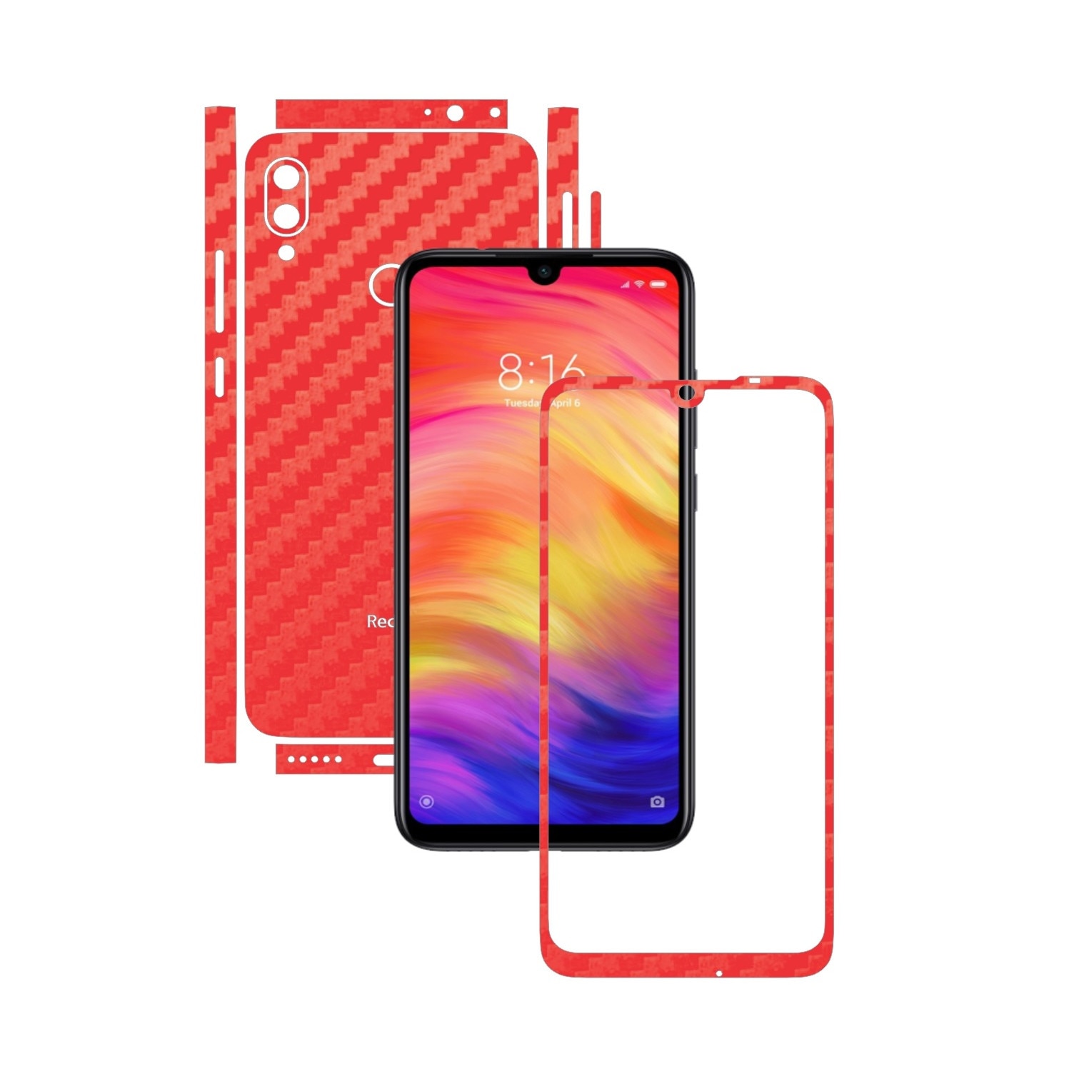 Folie Protectie Carbon Skinz pentru Xiaomi Redmi Note 7 (7S) - Carbon Rosu Split Cut, Skin Adeziv Full Body Cover pentru Rama Ecran, Carcasa Spate si Laterale